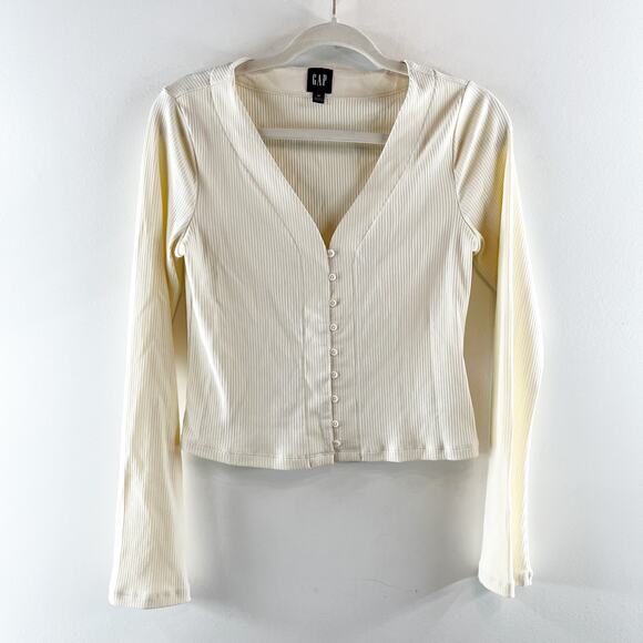 GAP Modern Rib Long Sleeve V Neck Cardigan Top Birch Cream Medium - Picture 1 of 4